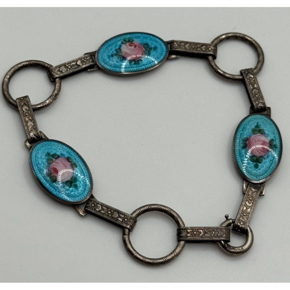 Vintage F.A. Hermann Sterling Silver Enamel Guilloche Rose Flower Bracelet